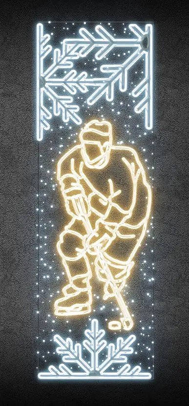 Easy Fix 2D LED svetelný banner hokejista, 80 × 247 cm, teplá a ľadovo biela farba, dekor pre verejné osvetlenie, hliník