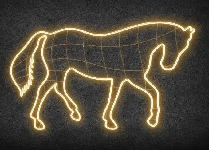 Eco Fix 2D LED svetelný kôň, 290 × 161 × 60 cm, teplá biela, stojaci, 3D tlač, hliník