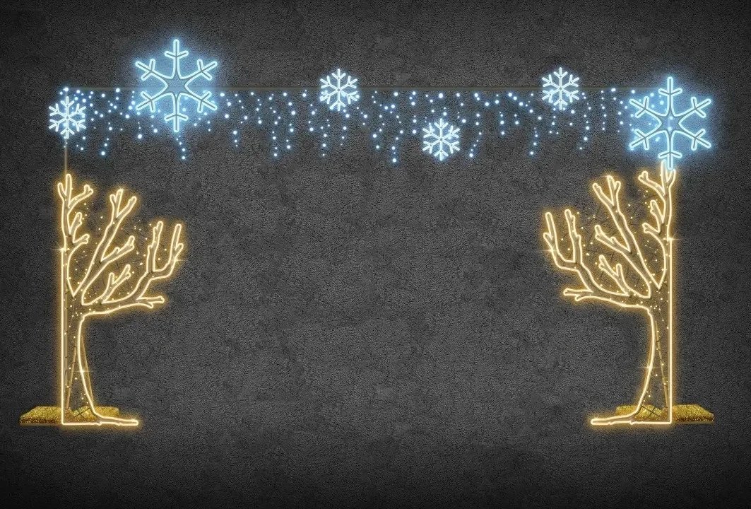 Eco Fix 2D LED svetelný rám s polovičnými stromami, 500 × 300 cm, teplá a ľadová biela, stojaci, 3D tlač