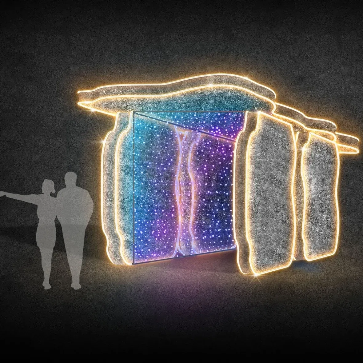 3D LED svetelný tunel dolmen, Carlingford, 260 × 280 × 450 cm, teplá biela a blikajúca, hliník