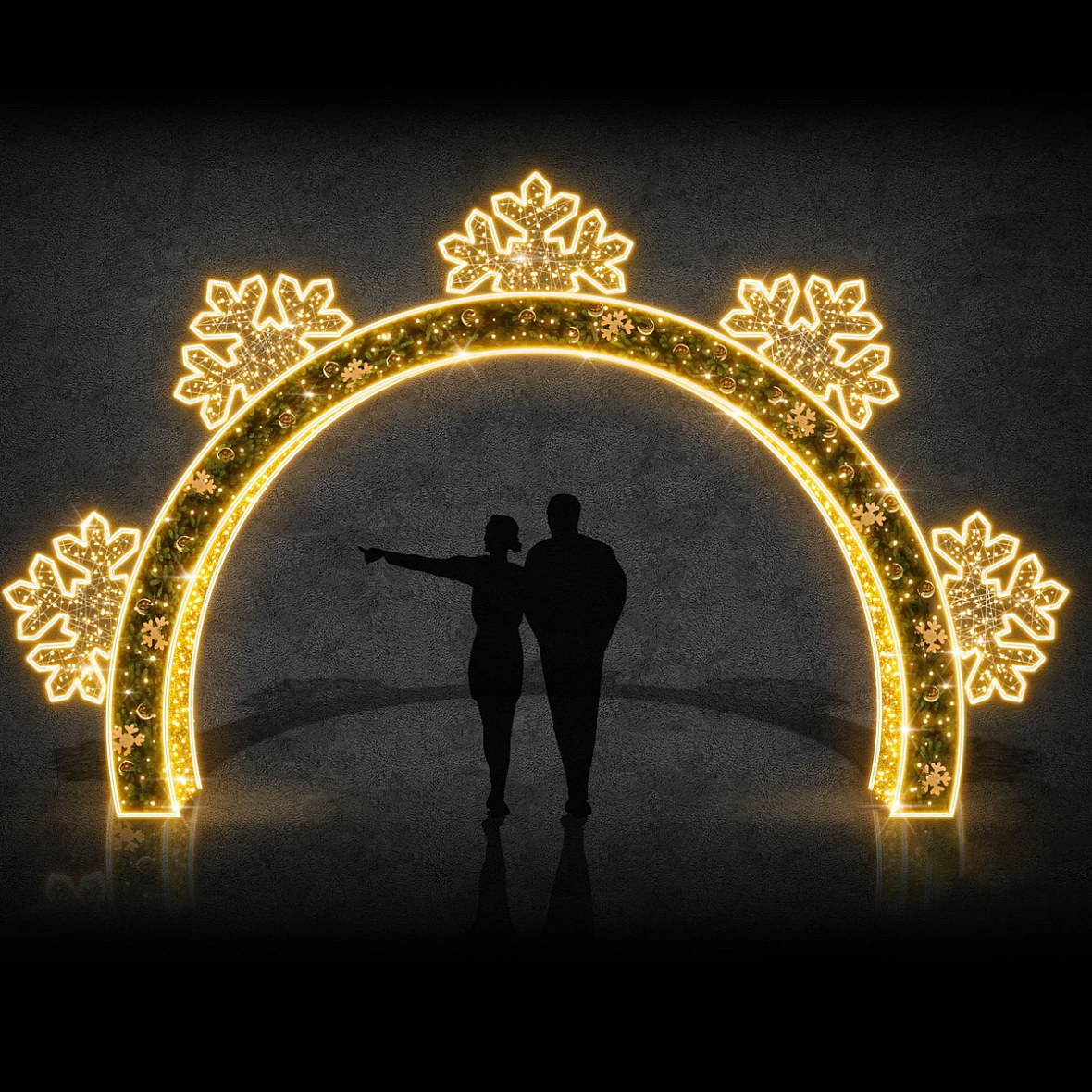 3D LED svetelná brána s polovičnou vločkou, 500 × 450 cm, teplá biela, hliník