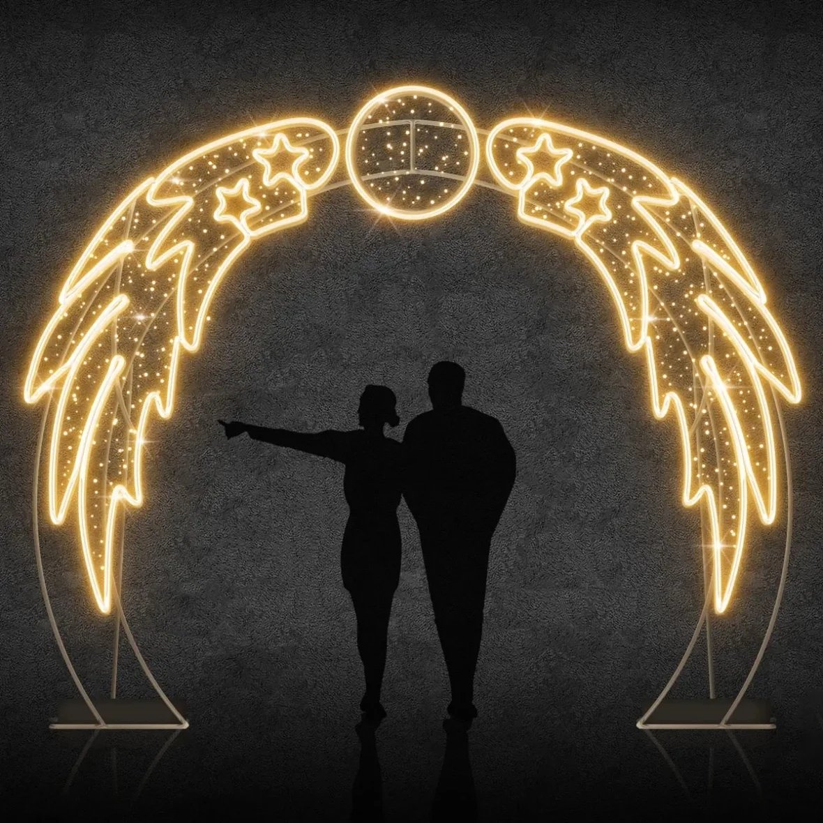Svetlo Eco Fix 2D LED Angel wing, 315 × 280 cm, teplá biela s efektom Flash, stojace, hliník