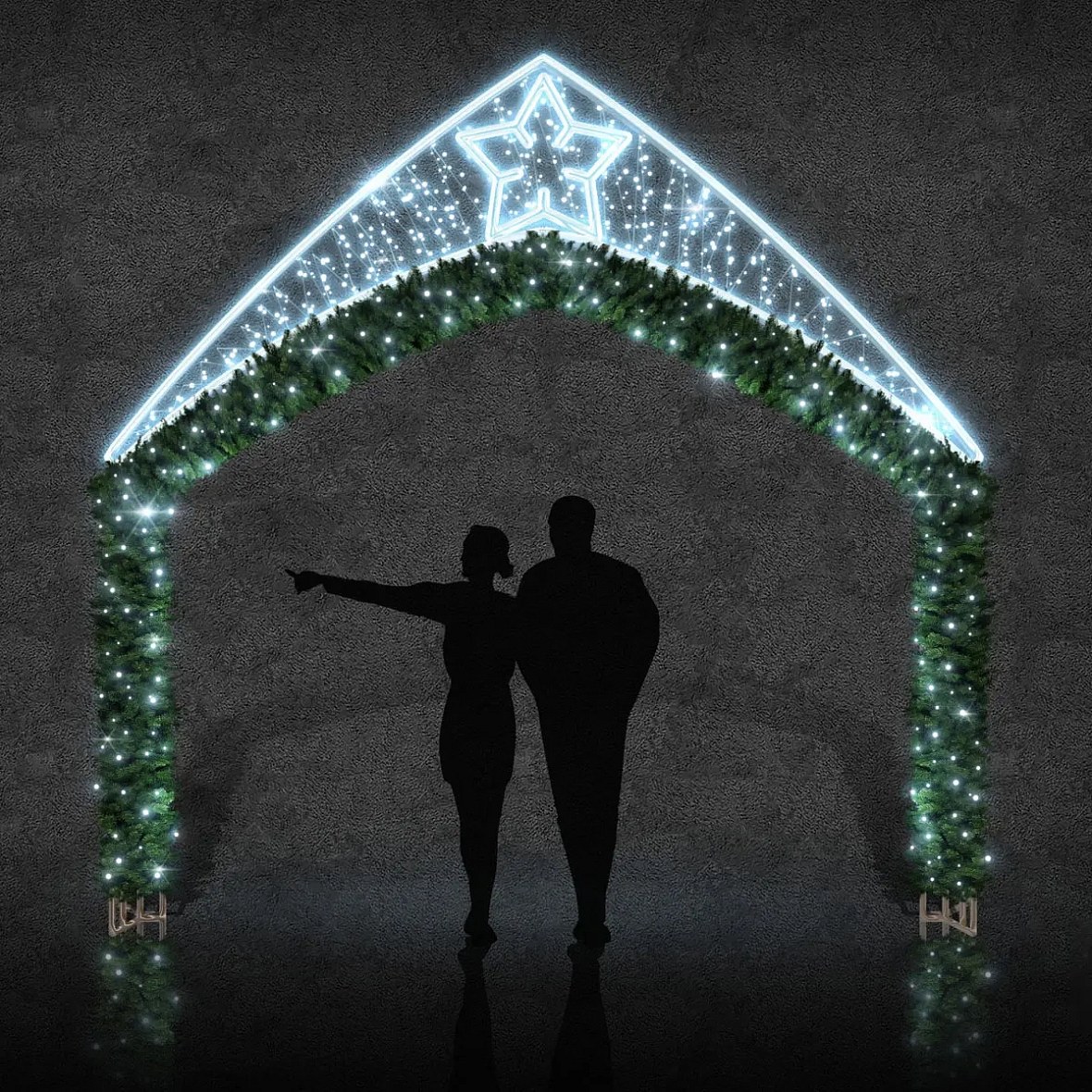Svetelná brána Easy Fix 2D LED s 1 hviezdou anízu, stojaca, 350 × 360 cm, ľadovo biela, hliník