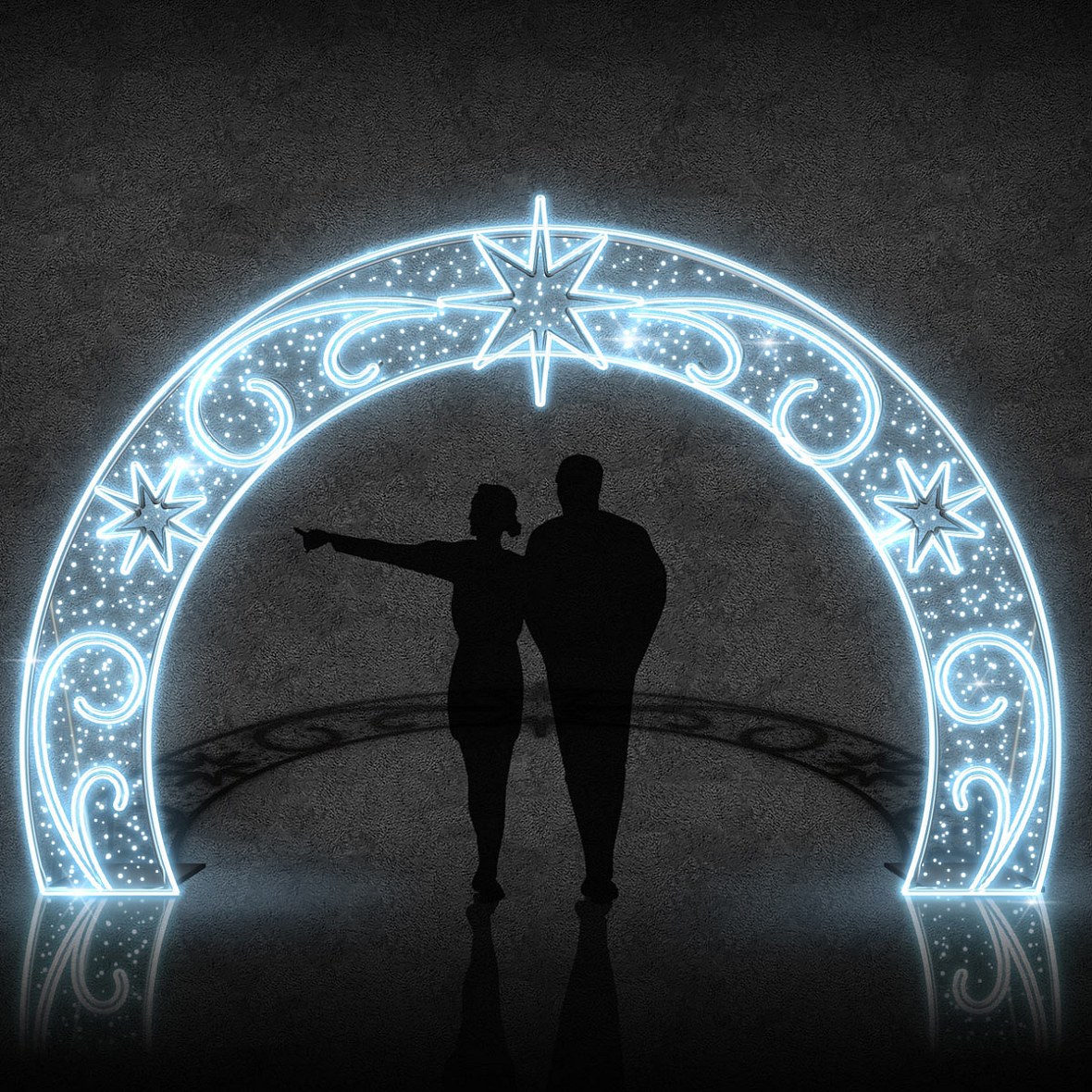 Easy Fix 2D LED svetlo s hviezdou a vetrom, stojace, 405 × 290 × 110 cm, ľadovo biela, hliník