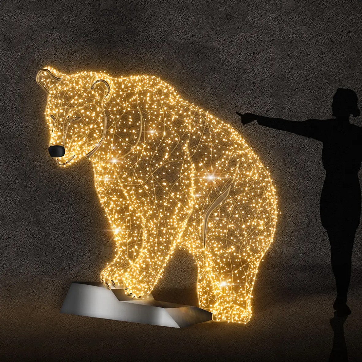 3D LED svetelný medveď na skale, 200 × 215 cm, teplá biela, hliník