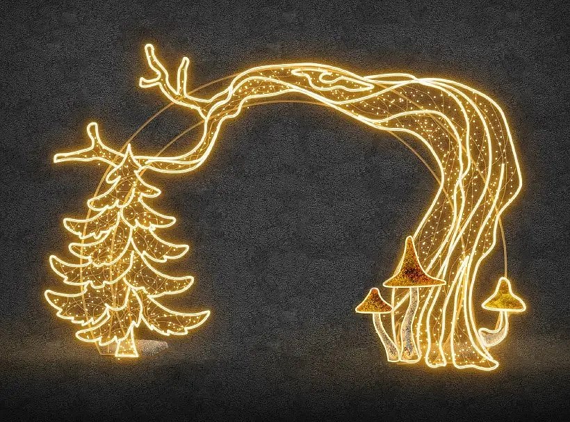 Eco Fix 2D LED svetelná brána s hubami a stromami, stojaca, 650 × 400 × 99 cm, teplá biela, stojaca, 3D tlač