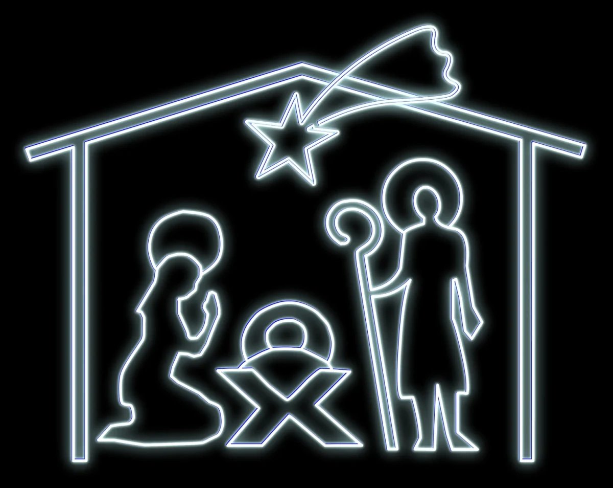 Easy Fix 2D LED osvetlený betlehem, Santa Claus, Mária a Jozef v stajni s kométou, 250 × 400 cm, ľadovo biely, stojaci, hliník