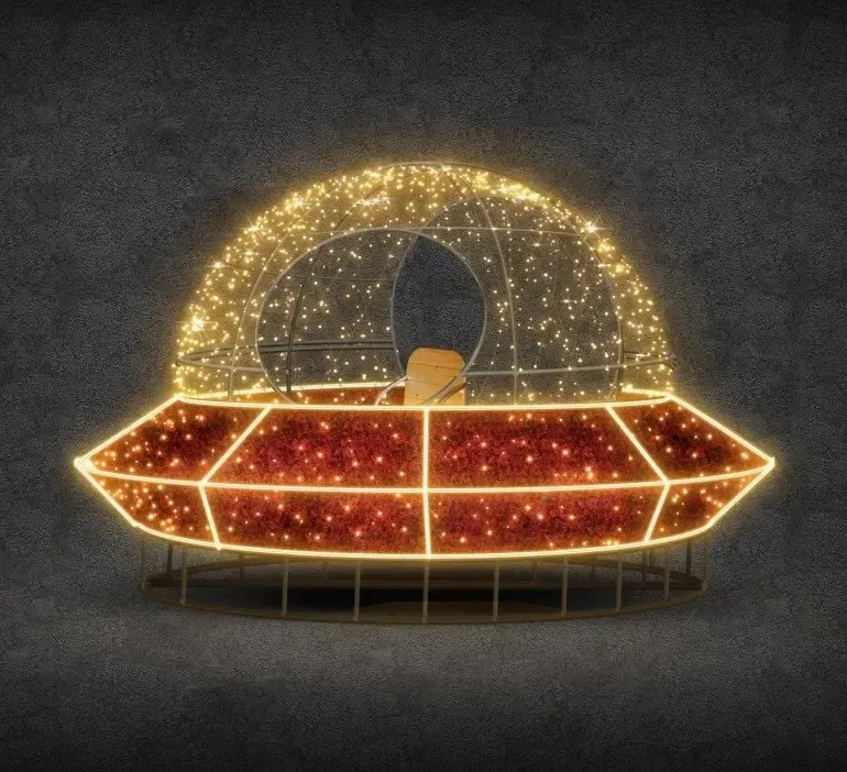 Eco Fix 3D LED svetlo UFO, 230 × 180 × 230 cm, teplá biela, stojace, hliník