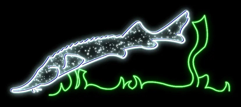 2D LED svetelný jeseter, 195 × 75 cm, stojaci, 3D tlač