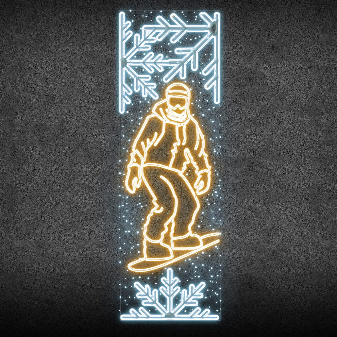 Easy Fix 2D LED svetelný banner snowboardista, 80 × 247 cm, teplá a ľadová biela, dekor pre verejné osvetlenie, hliník