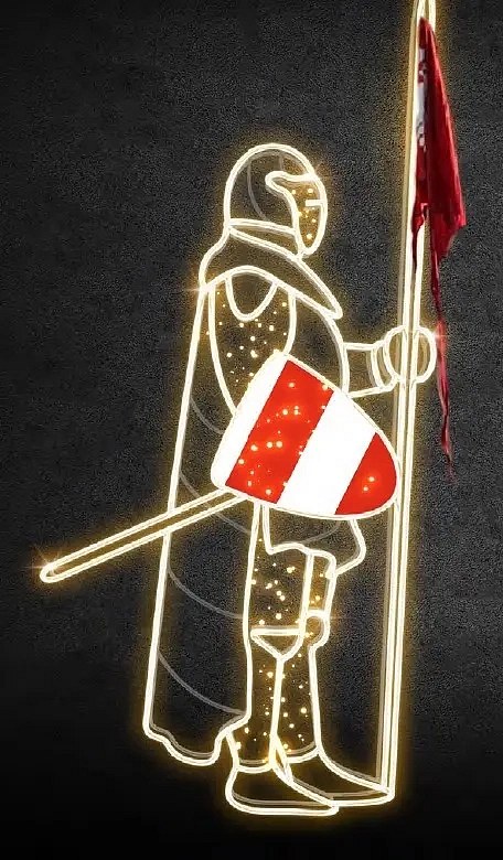 Eco Fix 2D LED svetelný rytier VI, štít v pravej ruke, 245 × 110 cm, teplá biela, stojaci, 3D tlač