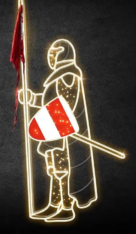 Eco Fix 2D LED Light Knight VII, štít v ľavej ruke, 245 × 110 cm, teplá biela, stojaci, 3D tlač