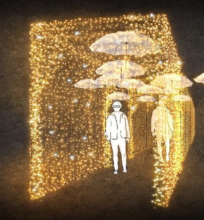 3D LED svetelný tunel s dáždnikmi, 210 x 300 x 400 cm, teplá biela s bleskom, 36 V, 53,7 W, 54 kg, z 8 dielov