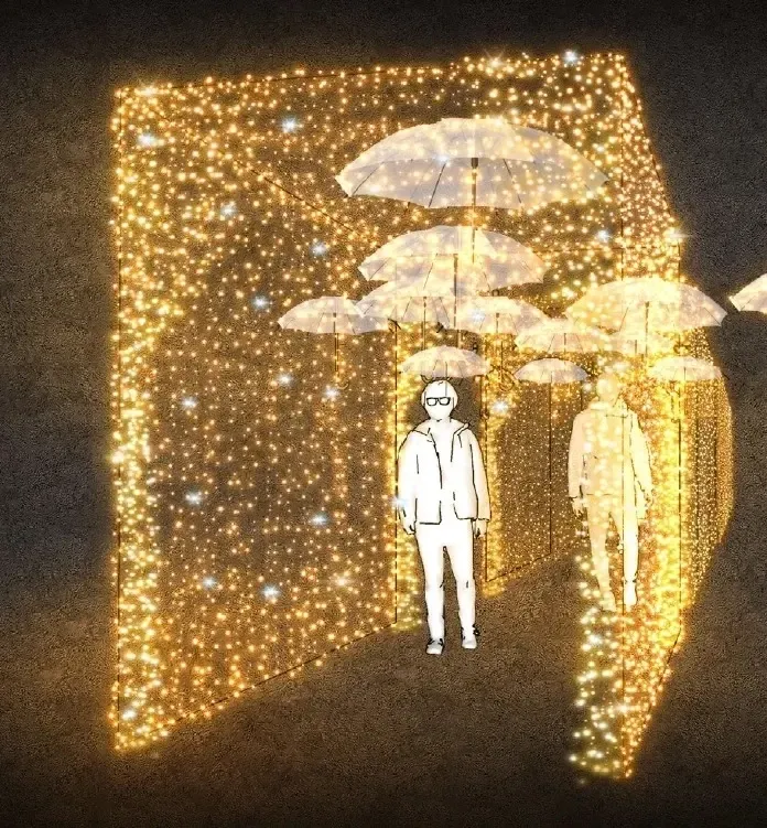3D LED svetelný tunel s dáždnikmi, 210 x 300 x 400 cm, teplá biela s bleskom, 36 V, 53,7 W, 54 kg, z 8 dielov