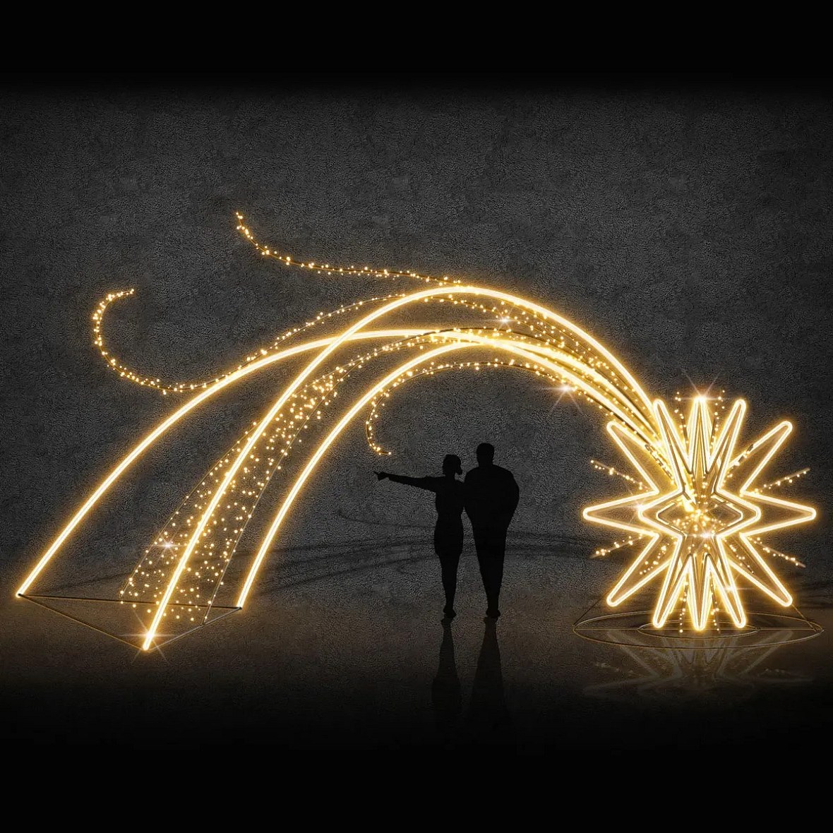 3D LED kométa Eco Fix, 800 × 400 × 200 cm, teplá biela, stojaca, hliník