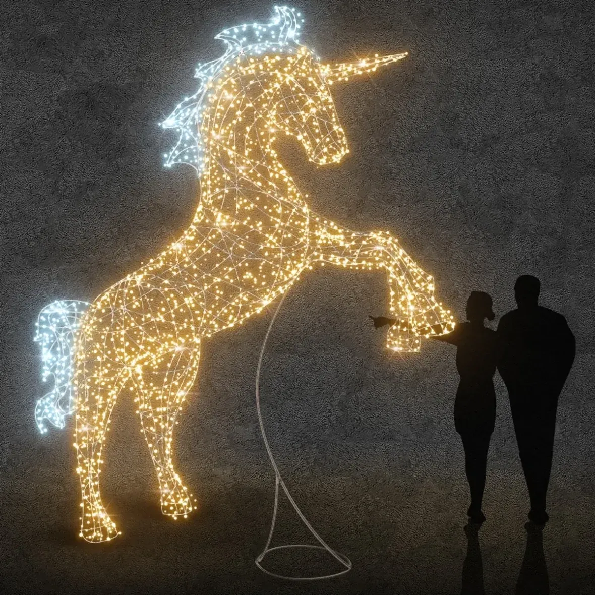 3D LED svetlo jednorožec, 360 × 400 × 97 cm, teplá a ľadová biela, 36 V, 41 W, 35,4 kg, 3 diely