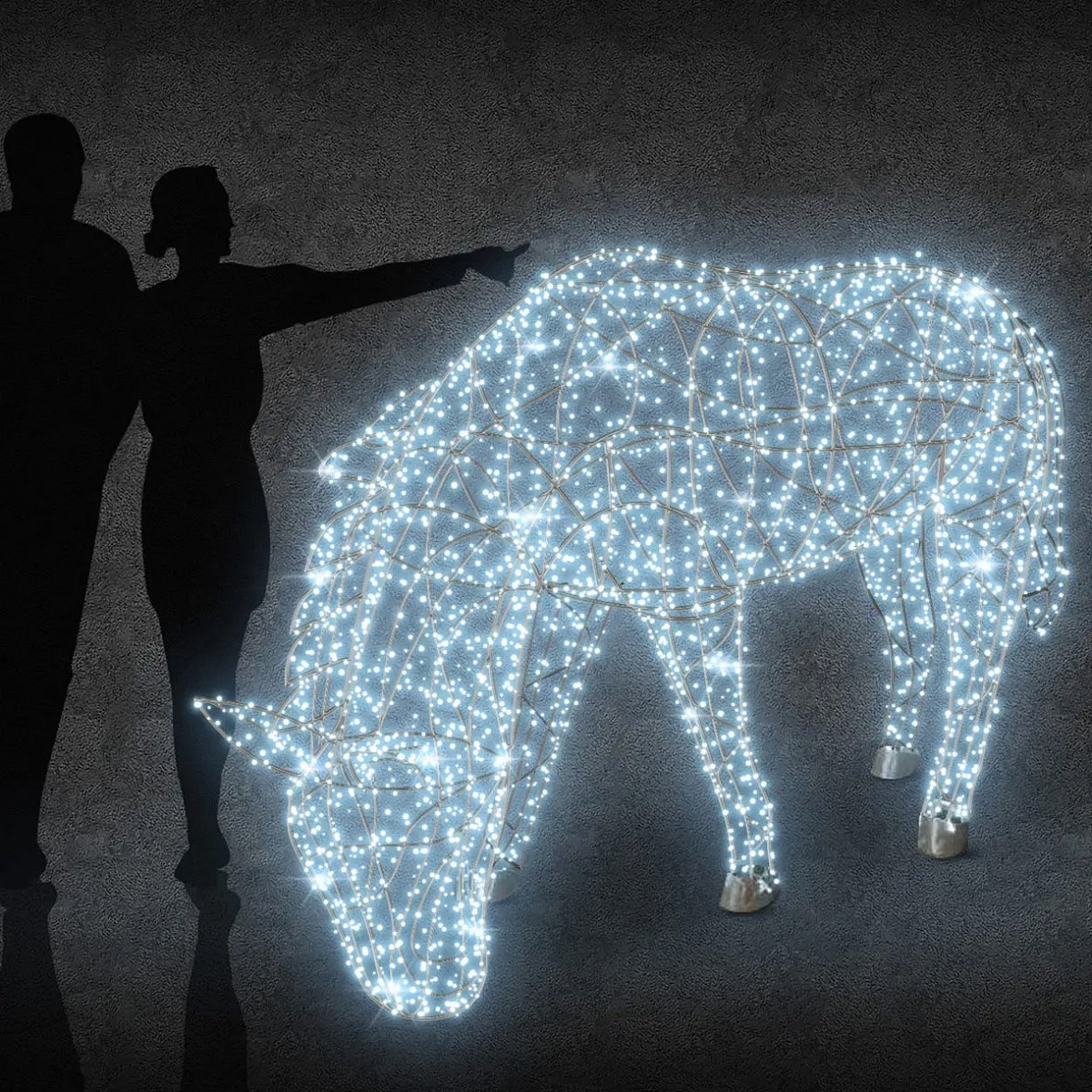 Svetelný kôň Eco Fix 3D LED s naklonenou hlavou, 250 × 160 × 60 cm, ľadovo biely, hliník