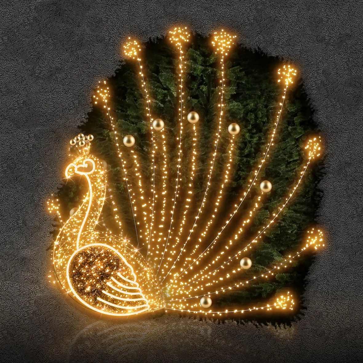3D LED svetlo s pávom, 200 × 200 × 160 cm, teplá biela