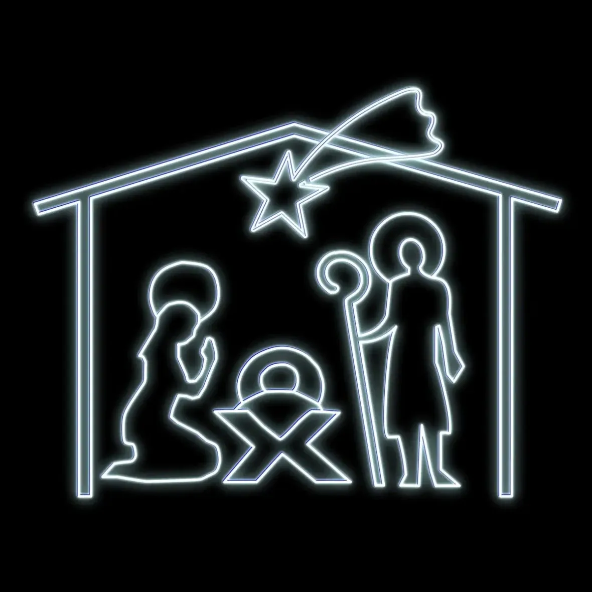 Easy Fix 2D LED osvetlený betlehem, Santa Claus, Mária a Jozef v stajni, vonkajší, 162 × 172 × 40 cm, ľadovo biely, závesný
