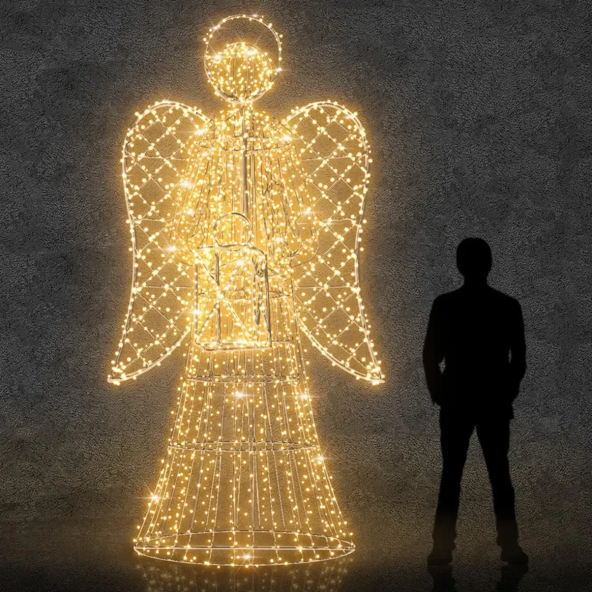 3D LED svetelný anjel s lampášom, 300 cm, s kryštálmi, teplá biela, hliník