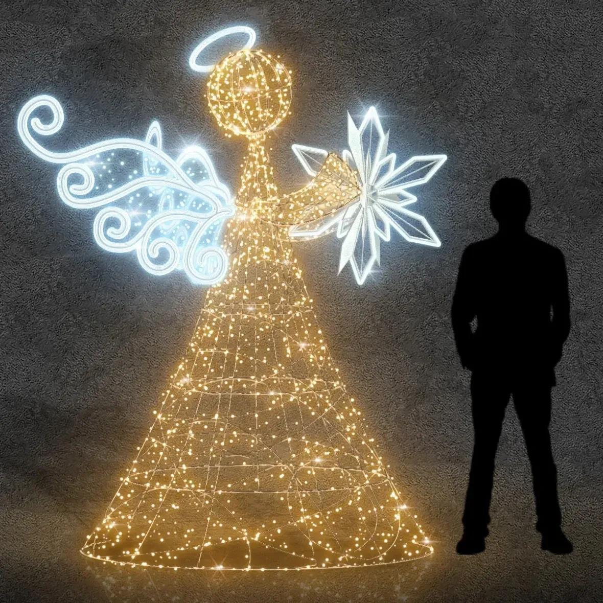 3D LED svetelný anjel s hviezdou, 250 cm, teplá a ľadová biela, hliník
