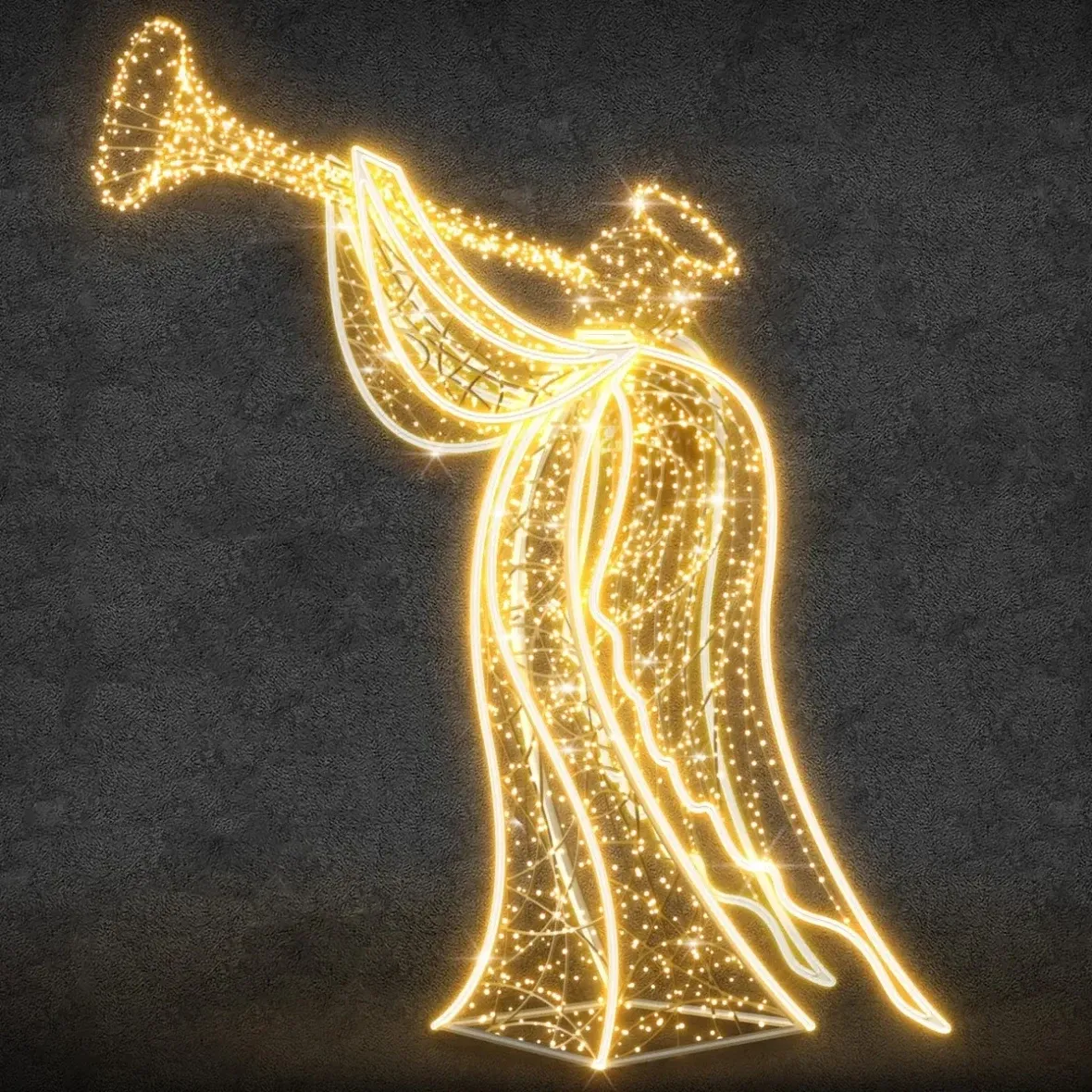 3D LED svetelný anjel s trúbkou, 165 × 280 × 70 cm, teplá biela, 36 V, 62 W, 30,6 kg, vyrobený z 5 častí
