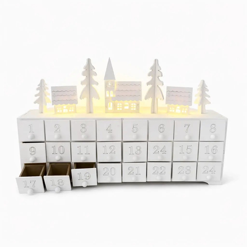 LED adventný kalendár, kostol a chalúpky, drevený, 37,5 × 23 × 8 cm, biely, na 2× AA