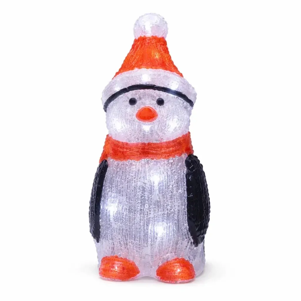 3D LED tučniak 36 cm, s časovačom, akryl, vrátane transformátora, ľadovo biely, hliník, IP44 vonkajšie