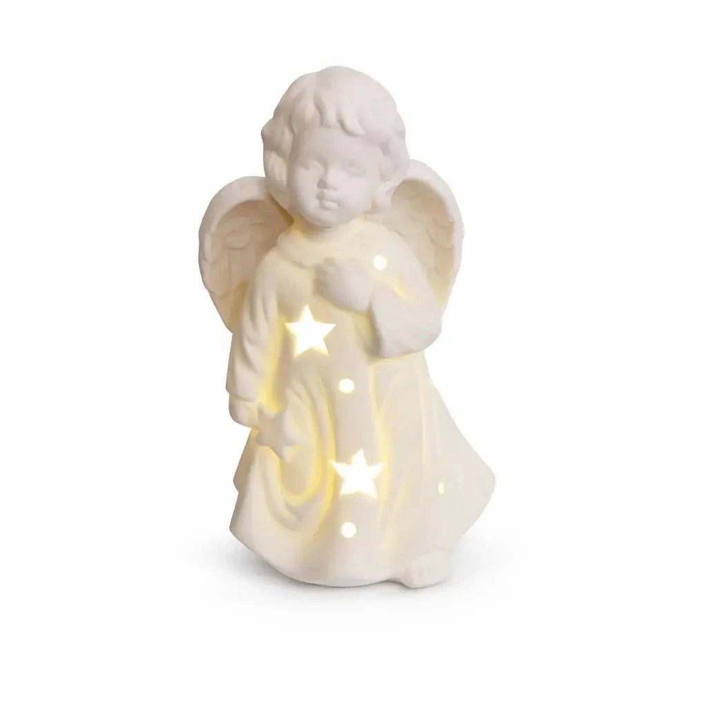 LED svietiaci keramický anjel 9,3 × 7,6 × 14,9 cm, teplá biela, 3× LR44