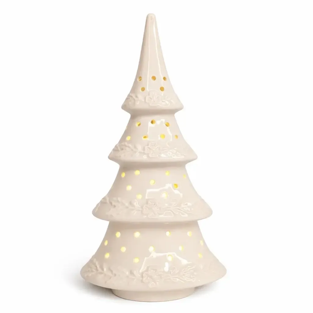 Keramická dekorácia LED na stromček, 15 × 9,2 × 29 cm, teplá biela, 2× LR44