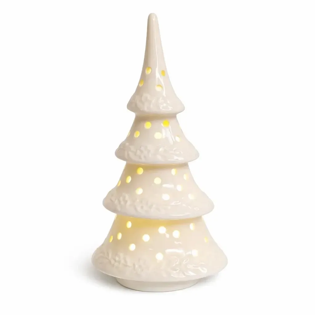 LED dekorácia – keramický stromček, 9 × 7,4 × 17,8 cm, teplá biela, 2× LR44