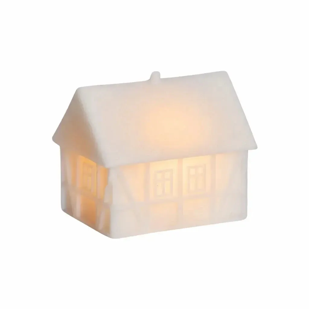 Svietiaci LED domček v kodanskom štýle s dreveným rámom, 9 × 6 × 8 cm, voskový, teplá biela, biela,