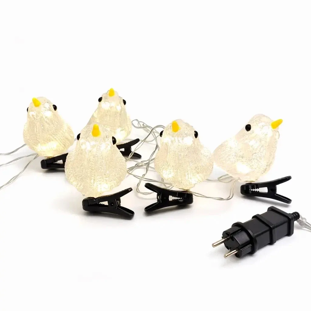 LED svietiace vtáky, akryl, 5 ks, teplá biela