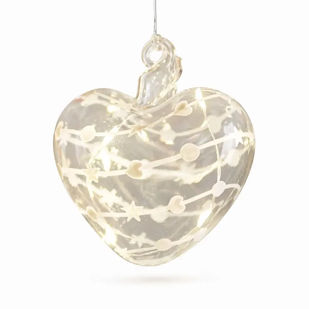 LED svietiaca dekorácia srdca, číra, 8 cm, biely dekor