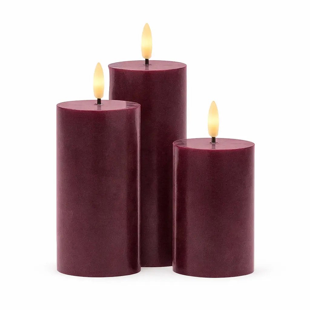 LED sviečky z pravého vosku, dobíjateľné, Bordeaux, sada 3 ks, výška 10/12,5/15 cm, priemer 7,5 cm, vínová farba, bez nabíjacej stanice