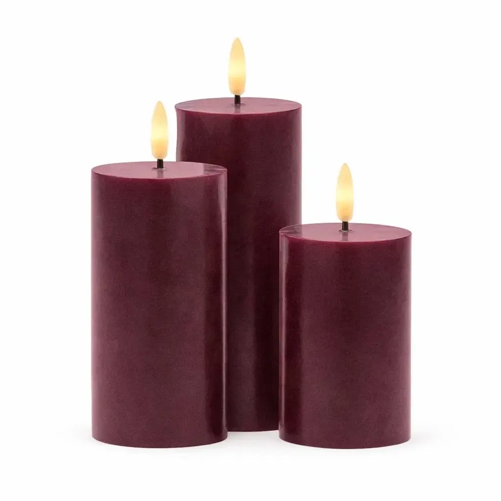 LED sviečky z pravého vosku, dobíjateľné, Bordeaux, sada 3 ks, výška 10/12,5/15 cm, priemer 7,5 cm, vínová farba, bez nabíjacej stanice