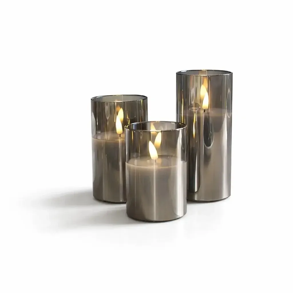 Sada 3 LED sviečok v sklenených pohároch, šedá, Ø 7,5 × 10/12,5/15 cm, s diaľkovým ovládačom