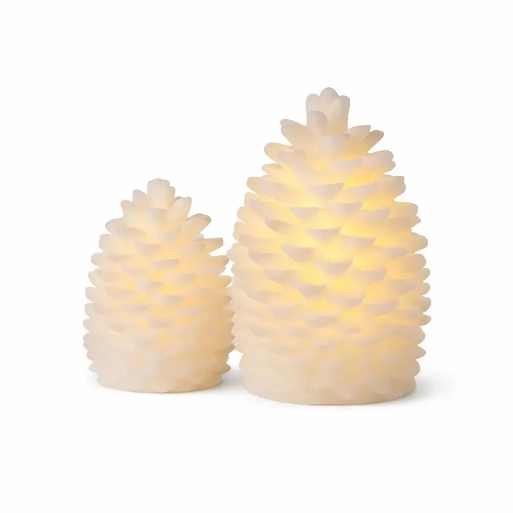 Sada 2 LED sviečok z pravého vosku na batérie, v tvare šišky, ø10 × 13 cm a ø 14 × 18,5 cm, biele, CR2032 a AA