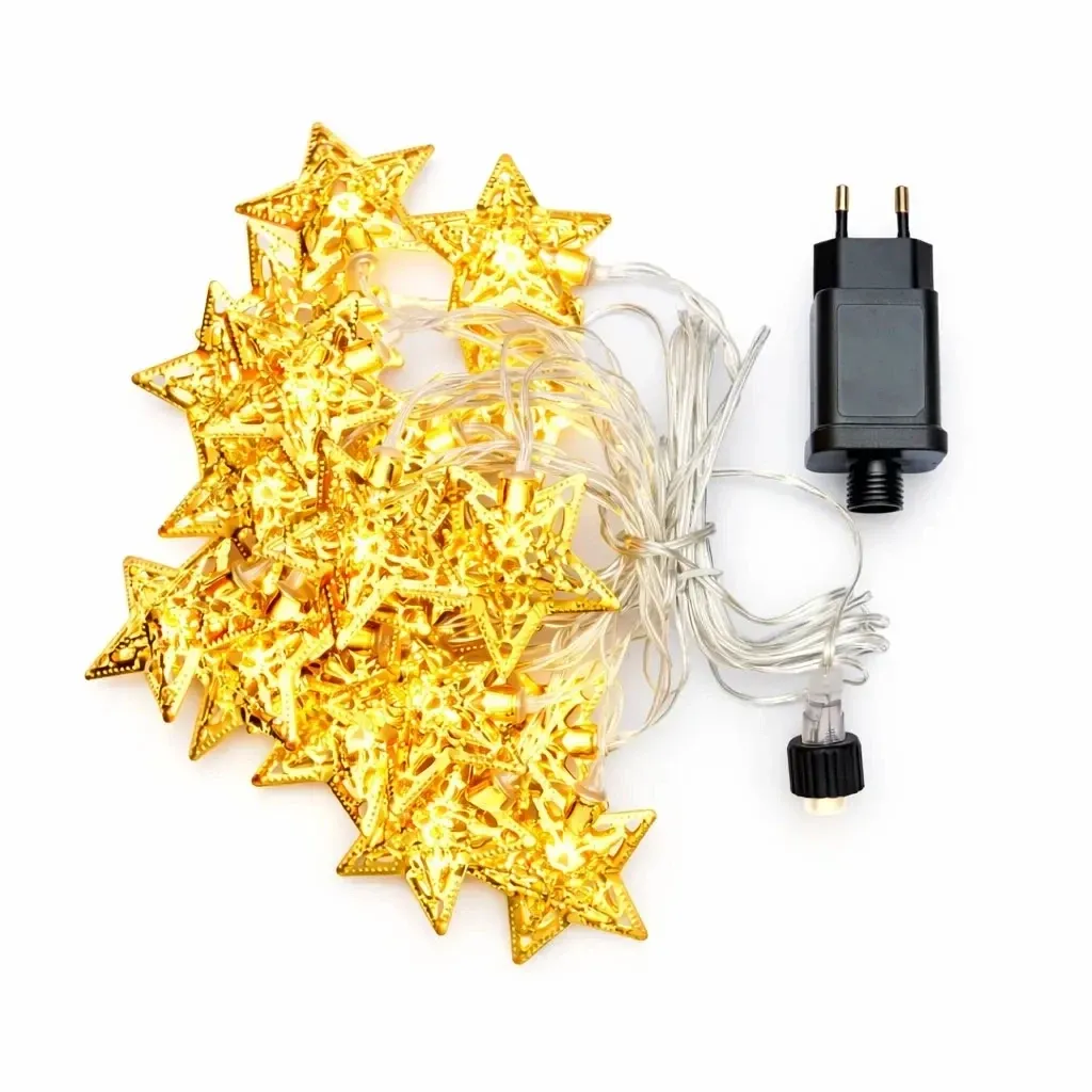 LED svetelný reťazec, kovové hviezdy, 7 m, do interiéru, teplá biela, 20 LED, priehľadný kábel, IP20, vrátane napájacieho zdroja