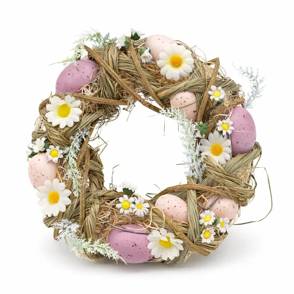 Veľkonočný veniec na dvere 24 × 8 cm, staré ružové vajíčka a sedmokrásky, plastový, vonkajší
