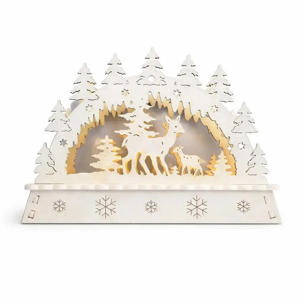 Vianočný LED svietnik do okna, laň a jelienča v lese, drevený, 15 × 11 × 5 cm, teplá biela, na 2× AA