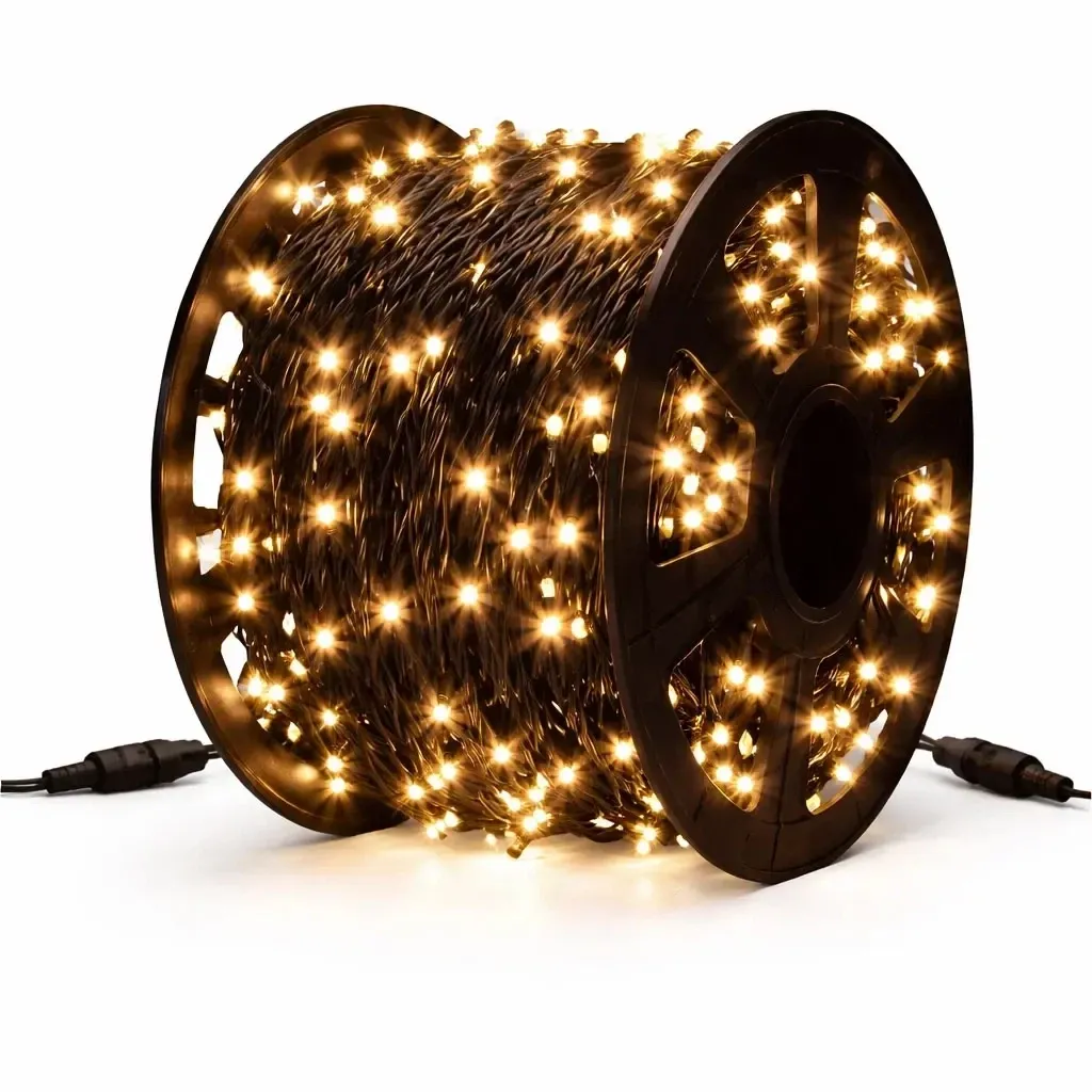 Svetelný reťazec Eco Fix LED, vonkajší, 100 m, teplá biela, 36 V, 600 LED diód, čierny kábel, IP67, cievka