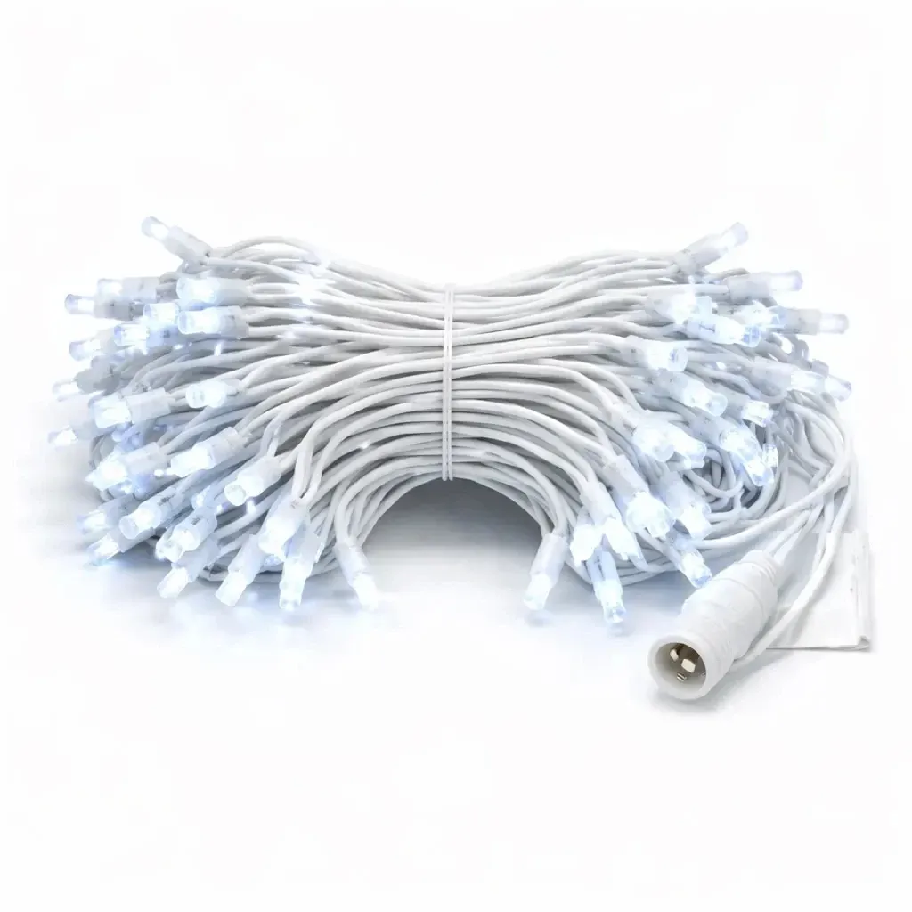 Svetelný reťaz Eco Fix LED, 10 m, vonkajší, ľadovo biela s režimom FLASH, 100 LED diód, 36 V, biely kábel, IP44