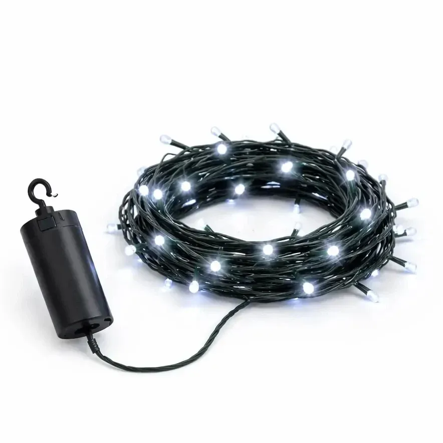 LED svetielka na batérie, vonkajšie, 5,2 m, ľadovo biela, tmavozelený kábel, IP44, 4 × AA