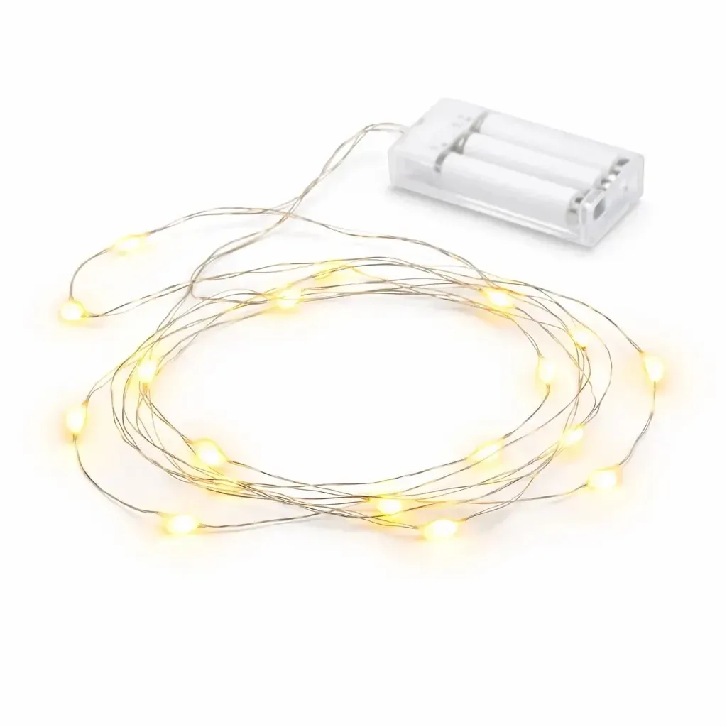 LED svetielka na batérie, kvapkovité, 2 m, teplá biela, 20 diód, drôt, IP20 interiér, 3 × AA