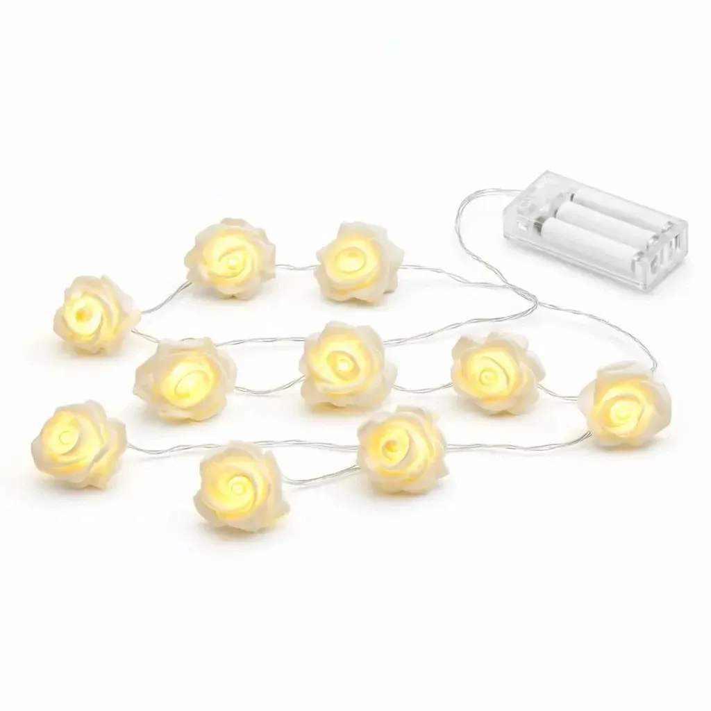 LED svetielka na batérie, ružičky, 1,8 m, teplá biela, 10 diód, priehľadný kábel, IP20 pre interiér, 2× AA
