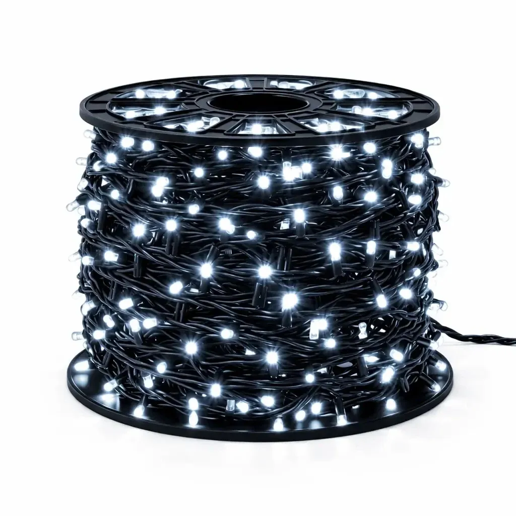 Svetelný reťazec Easy Fix LED, 100 m, vonkajší, ľadovo biely s režimom FLASH, 600 diód, čierny kábel, IP67, cievka