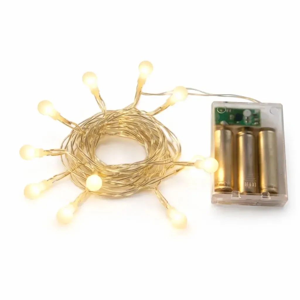 LED svetielka na batérie, guľôčky, 2,1 m, teplá biela, 10 diód, priehľadný kábel, IP20 interiér, 3 × AA
