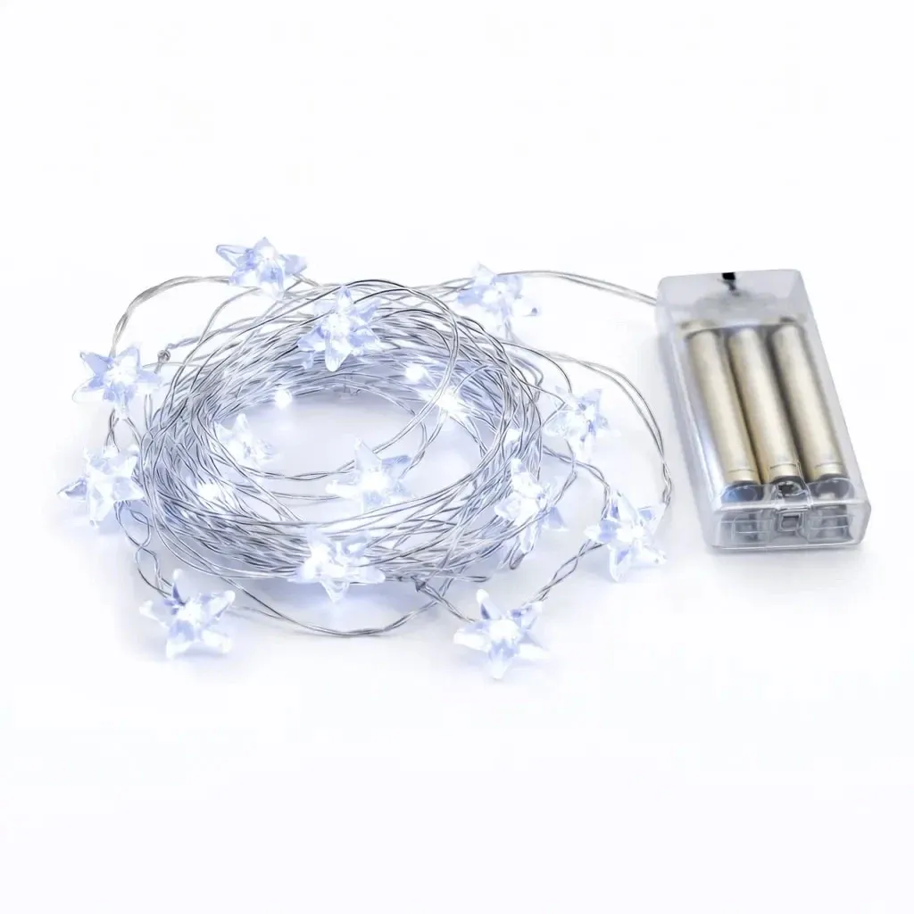 LED reťaz na batérie, hviezdičky, 2,3 m, ľadovo biela, 20 diód, drôt, IP20 interiér, 3× AA