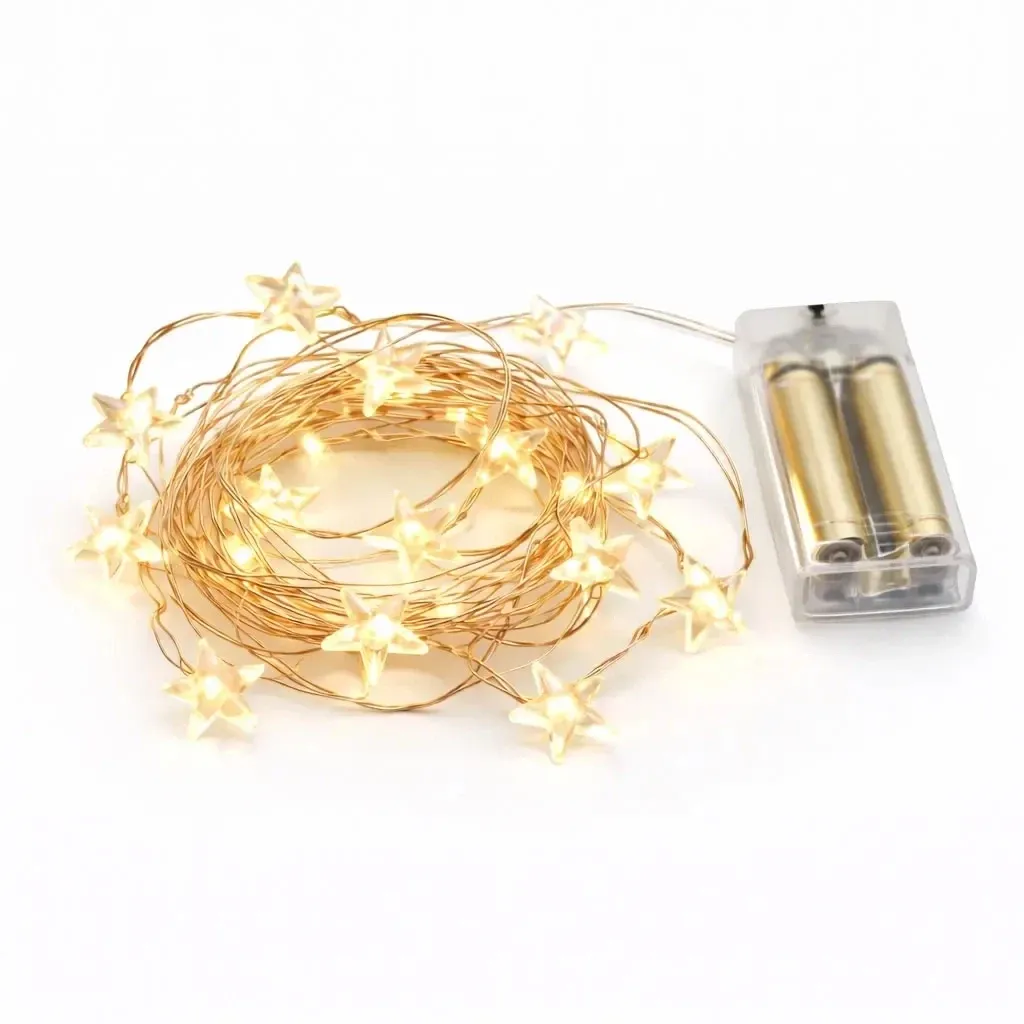 LED reťaz na batérie, hviezdičky, 3,4 m, teplá biela, 40 diód, medená farba drôtu, IP20 interiér, 3 × AA